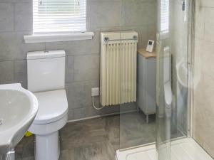 a bathroom with a toilet and a sink and a shower at Dunrigh Cottage in Blackwaterfoot