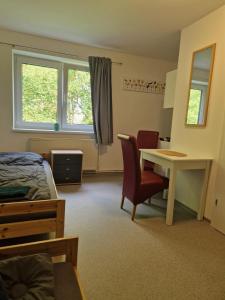 a bedroom with a bed and a desk and a table at Gruppenunterkunft für Firmen & Arbeiter in Laa an der Thaya in Laa an der Thaya