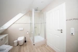a white bathroom with a shower and a toilet at Schleitraum Appartement in Rabenkirchen-Faulück