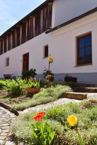 a garden in front of a white building with flowers at Biohof Weissensteiner in Ullrichs