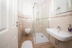 a bathroom with a shower sink and a toilet at Schleiblick App 4 in Rabenkirchen-Faulück