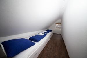 a room with two beds with blue pillows at Schleiblick Familienappartement 13 in Rabenkirchen-Faulück
