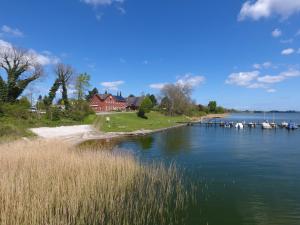 a view of a river with boats in the water at Schleiblick App 14 in Rabenkirchen-Faulück