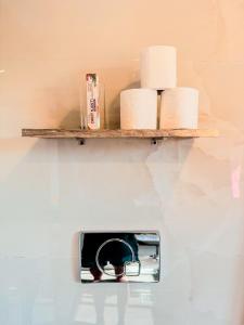 a shelf on the wall with toilet paper at Comfort and Cozy in Orchha