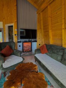 a living room with two couches and a fireplace at Vlasic Odmor - Villa Biser & spa in Vlasic