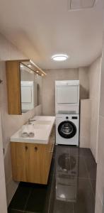 eine kleine Küche mit Spüle und Herd in der Unterkunft Malinki Apartment in Ålesund