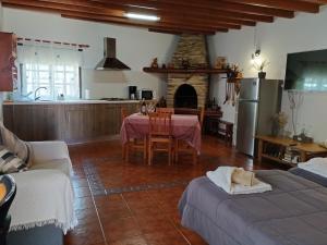 a kitchen and living room with a table and a fireplace at Casa Lourdes in La Guancha