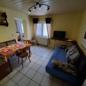 ein Wohnzimmer mit einem Tisch und einem blauen Sofa in der Unterkunft Hildegard in Usingen