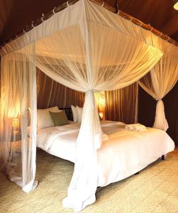 a bedroom with two beds with mosquito nets at the Roost Tented Camp in Arusha