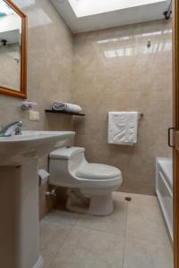 a bathroom with a toilet and a sink and a mirror at Apartaestudios La Candelaria in Bogotá +30 photos