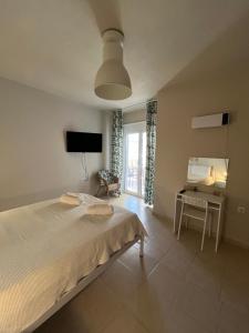 a bedroom with a large bed and a television at Iria Apartment in Polygryos