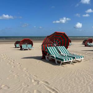a group of beach chairs and umbrellas on the beach at Marine Résidence in De Panne