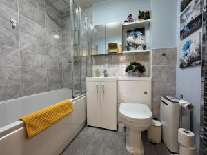 a bathroom with a toilet and a shower and a sink at 2 Bedroom Flat in Manchester