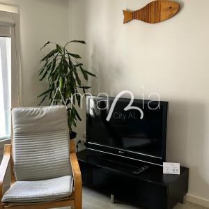 a living room with a tv and a chair at AmaRiaCity AL in Aveiro