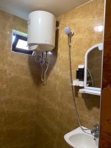 a bathroom with a shower and a sink and a mirror at Nika's house in Mtskheta +5 photos
