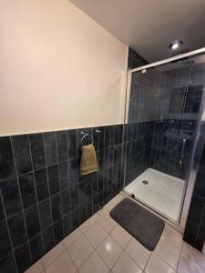 a bathroom with a shower with a glass door at The Salty Loft in Hastings +8 photos