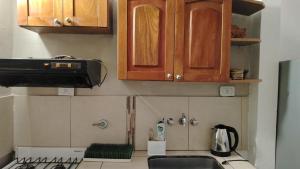 a kitchen with wooden cabinets and a stove top oven at Magda in Resistencia