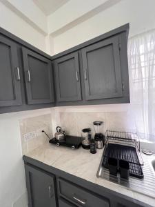 a kitchen with black cabinets and a counter top at Cozy Endz in Castries