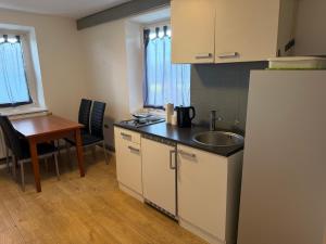 a kitchen with a sink and a refrigerator and a table at Gasthaus Bikertreff in Gablingen