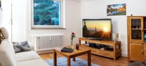 a living room with a television on a table at Ferienwohnung Kastanienblick in Uelzen