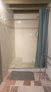 a bathroom with a shower with a shower curtain at Logis de Rocles in Rocles +16 photos