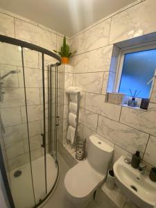 a bathroom with a toilet and a shower and a sink at Private room with private bathroom in Hackington
