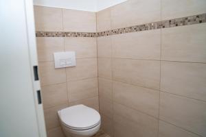 a bathroom with a toilet and a tile wall at Ferienwohnung BEA 1 in Rabenkirchen-Faulück