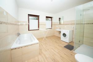 a bathroom with a sink and a washing machine at Ferienwohnung BEA 1 in Rabenkirchen-Faulück