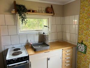 a small kitchen with a stove and a window at Farmstay Outdoor Old Hunters Cabin, 2p in Årjäng