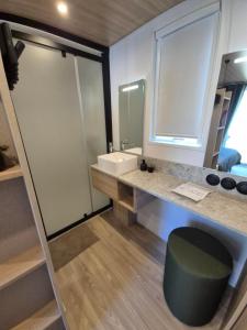 a bathroom with a sink and a mirror at Stellira - Vakantieverblijf in Zonhoven +59 photos