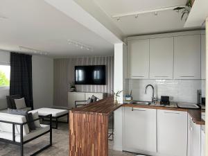 a kitchen with white cabinets and a living room at Renovated APT with panoramic view in Cully