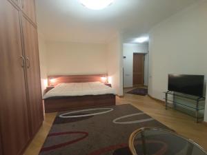 a bedroom with a bed and a flat screen tv at Benefice Apart in Yerevan