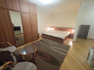 a bedroom with a bed and a large mirror at Benefice Apart in Yerevan