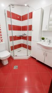 a red and white bathroom with a shower and a toilet at Apartament Vila Draghici Eforie Sud in Eforie Sud