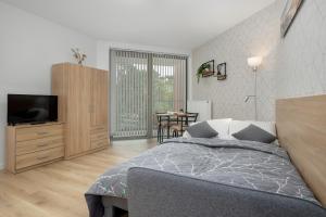 a bedroom with a bed and a television and a table at PINEA Apartamenty in Pobierowo +43 photos