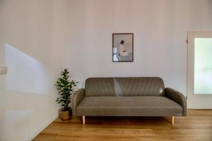 a couch in a living room with a plant at Zentral & ruhig - Stadt, Elbe und Natur nebenan in Magdeburg