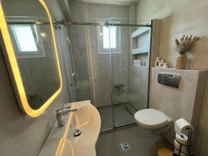 a bathroom with a shower and a sink and a toilet at King George in Korinos +48 photos