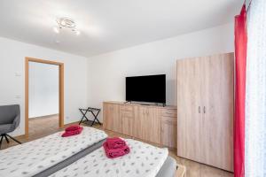 a bedroom with two beds and a flat screen tv at Ferienwohnung Elbufer 3a in Stadt Wehlen