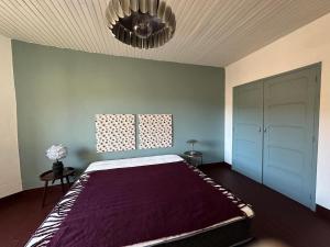 a bedroom with a large bed with a purple blanket at Another World Village house in Buis-les-Baronnies