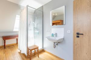 a bathroom with a shower and a sink at Fischers Huus in Husum