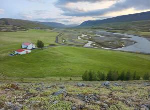 a house on a hill next to a river at Thorbrandsstadir Farm Holidays in Þorbrandsstaðir