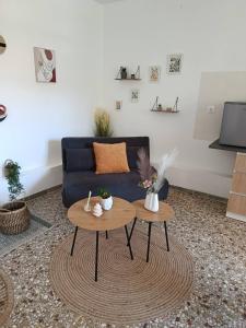 a living room with a blue couch and two tables at Themistoklis house in Koropi