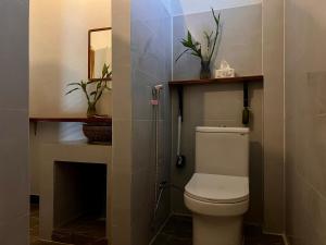 a bathroom with a white toilet and a fireplace at Valley Villa Hotel in Nongkhiaw