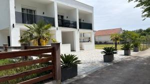 a white house with palm trees in front of it at TWINS Apartments in Bregvija