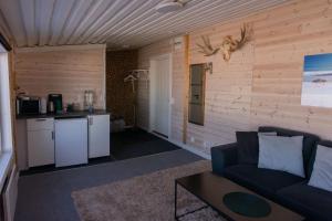 a living room with a couch and a kitchen at Camp Caroli Mini lodge in Kiruna +13 photos
