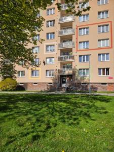 an apartment building with a lawn in front of it at Apartmán pro dvě osoby Ostrov in Ostrov