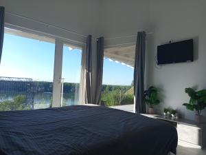 ein Schlafzimmer mit einem großen Bett und einem großen Fenster in der Unterkunft Duna Escape in Basarabi