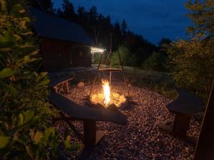 a fire pit in a yard at night at Leśny Kącik Zelwa in Zelwa