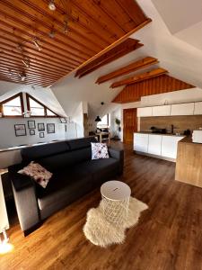a living room with a black couch and a kitchen at Lusht'n apartma in Žirovnica