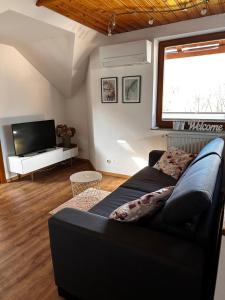 a living room with a black couch and a tv at Lusht'n apartma in Žirovnica